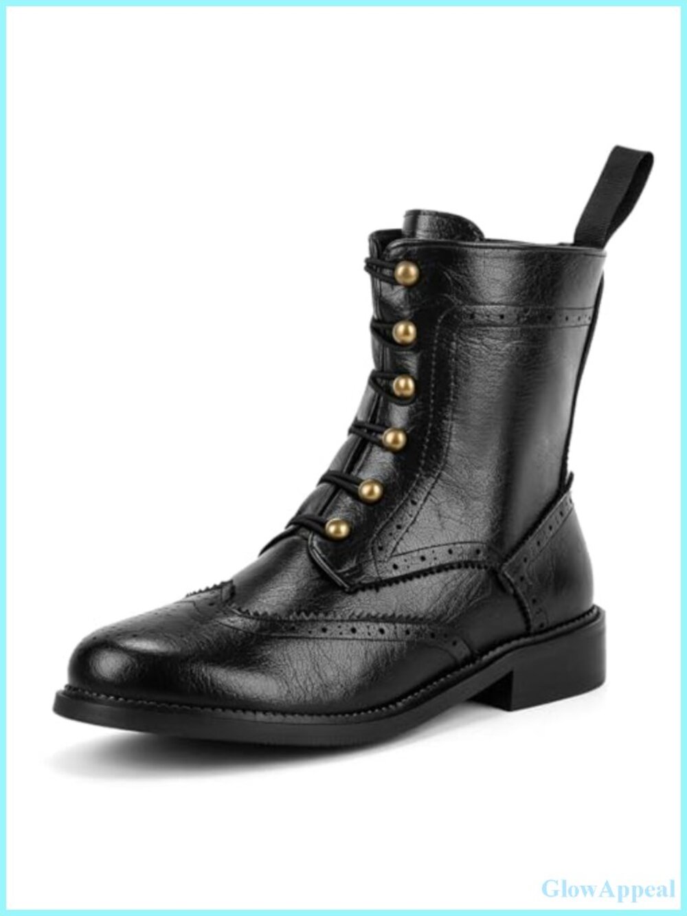 Women's Leather Wingtip Brogue Lace-Up Combat Ankle Boots with Gold-Tone Eyelets